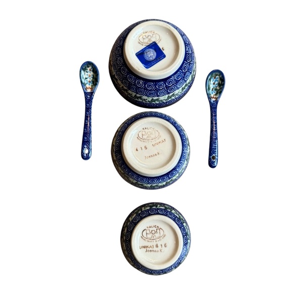 Unikat Boleslawiec Polish Art Pottery Hand Painted 3 Sm Nesting Bowls 2 Spoons - Picture 2 of 5